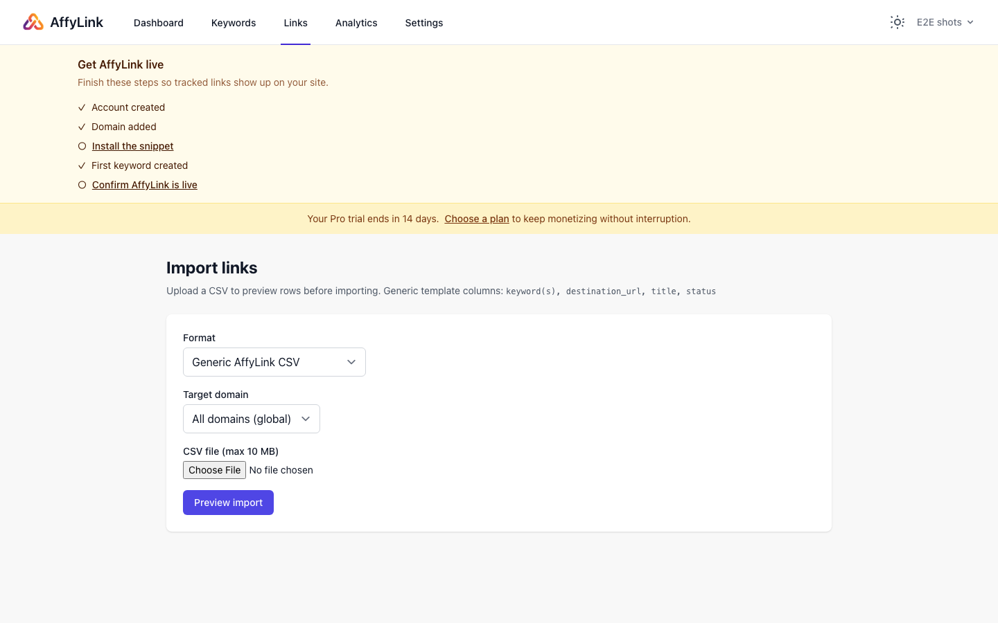Importing a ThirstyAffiliates export, with a preview of the rows that will be created