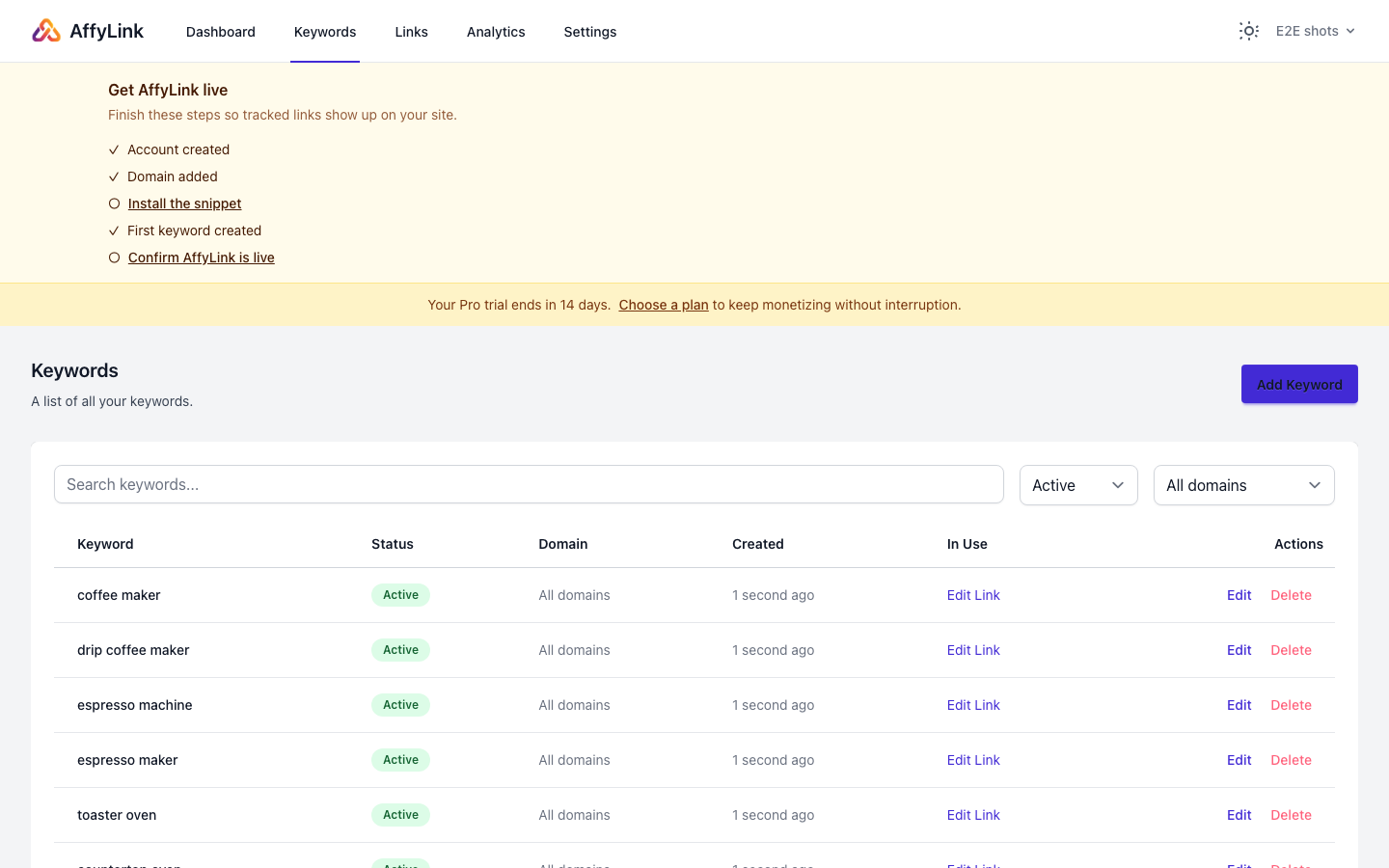 The keywords screen, listing keyword phrases and the links they point to