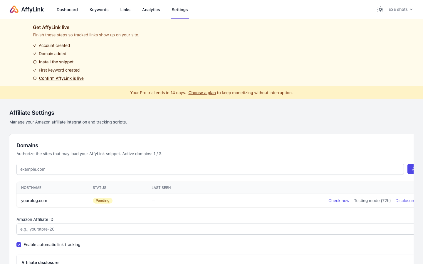 Settings screen showing the tracking snippet ready to copy
